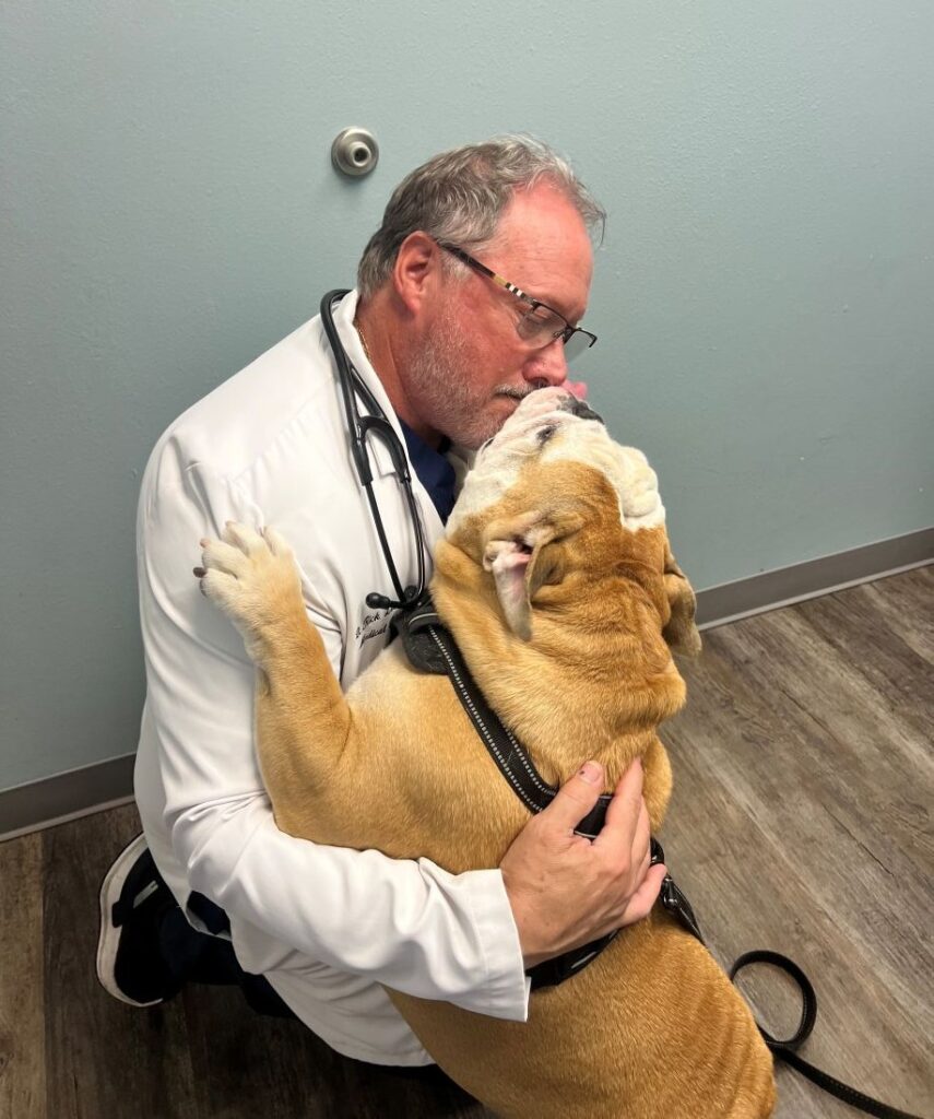 A veterinarian embracing a large bulldog in a caring hug.
